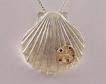 14k Gold Sand Dollar on Sterling Silver Shell Necklace