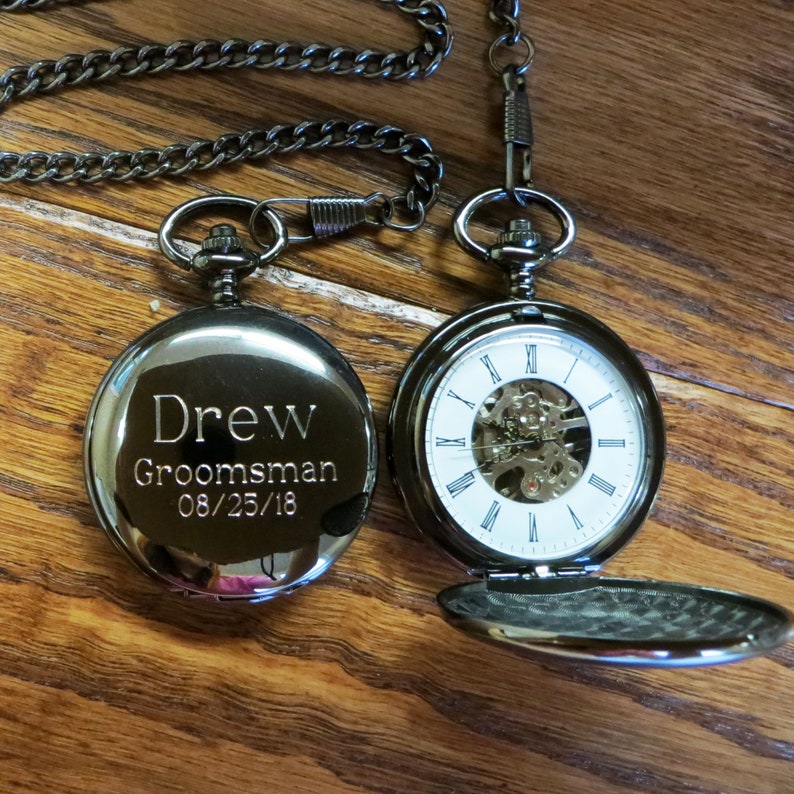 Personalized Gun Metal Pocket Watch Customizable Unique Gift Father of the Groom Father's Day Best Man Groomsman Mechanical image 6