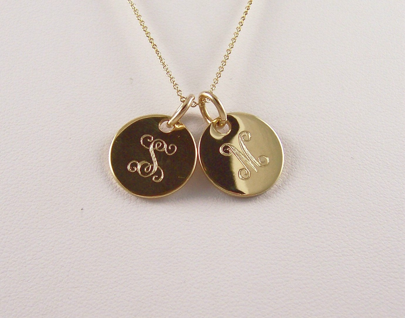 Gold Double Mini Initial Monogram Necklace 2- 5/8" Gold filled discs Personalized and Engraved