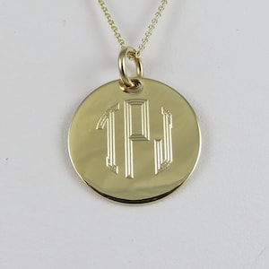 Gold Monogram Necklace, 7/8&quot; 14K Gold Filled Disc Personalized and Engraved Circle Monogram