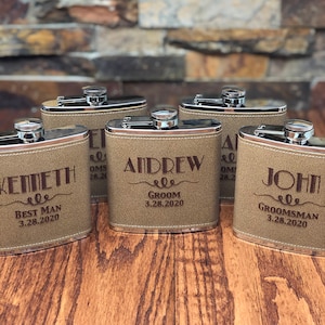 Father of the Bride Groomsmen Flask Wood Funnel Personalized Groomsman Gift Groom Engraved Flask Set Shot Glass Vegan Leather
