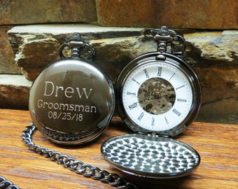 Personalized Gun Metal Pocket Watch - Customizable Unique Gift - Father of the Groom - Father's Day - Best Man - Groomsman - Mechanical