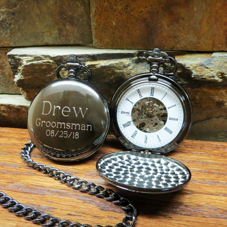 Personalized Gun Metal Pocket Watch Customizable Unique Gift Father of the Groom Father's Day Best Man Groomsman Mechanical image 1