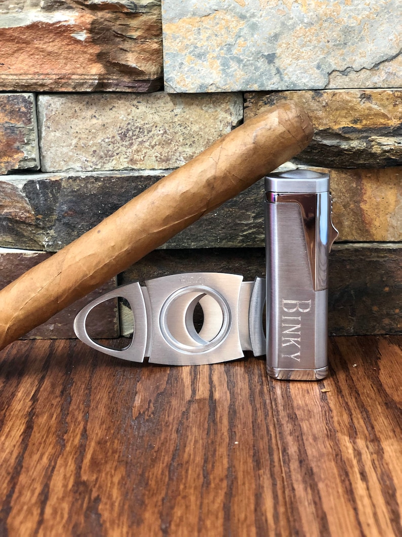 Cigar Torch Lighter w Cigar Cutter Set Personalized Mens Gift Groomsmen Fathers Day Wedding Anniversary Birthday Custom Engraved Silver Ligher