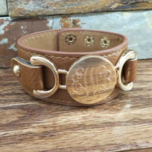 Gold Leather Monogram Bracelet, Initial, Bridesmaid, Friends, Gifts for her, Personalized Leather, Birthday, Promotion, Retirement, Cuff
