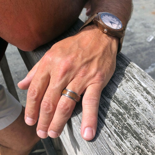 Men's Wedding Band shops made of Tungsten and Barrel Wood with Comfort Fit, Ring's for Men complete with Rustic Personalized Ring Box Engraved