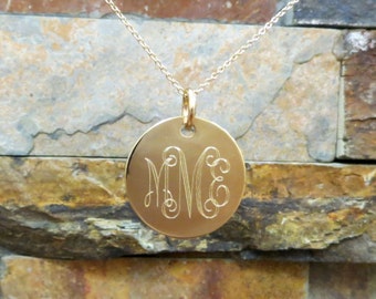 Gold Monogrammed Necklace 7/8", 14K Gold Filled Disc - Personalized, Engraved- Bridesmaids Gift- Birthday- Christmas, Maid Of Honor, Pendant