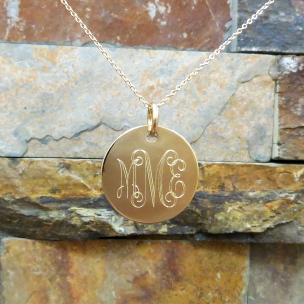 Gold Monogrammed Necklace 7/8", 14K Gold Filled Disc - Personalized, Engraved- Bridesmaids Gift- Birthday- Christmas, Maid Of Honor, Pendant