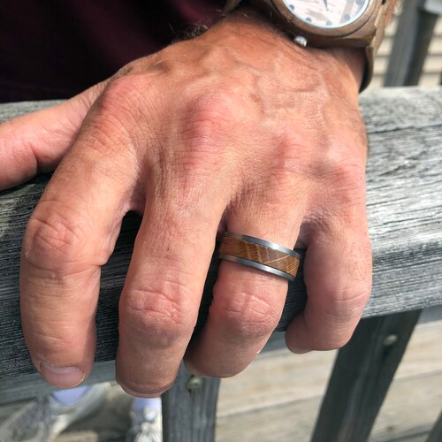 Men's Wedding Band shops made of Tungsten and Barrel Wood with Comfort Fit, Ring's for Men complete with Rustic Personalized Ring Box Engraved