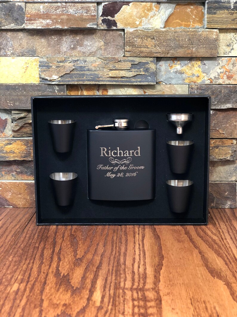 Personalized Black Flask Set with Shot Glasses Groomsmen Etsy