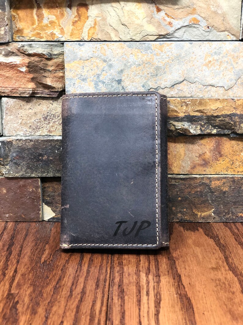 Rustic tri fold mens leather wallet monogrammed with custom Etsy