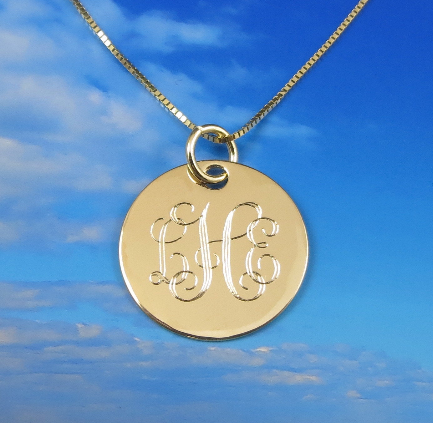 14K Solid Gold Engraved Personalized Monogram Necklace Pendant