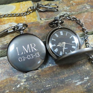 Personalized Gunmetal Pocket Watch Custom with Monogram, Engraved Gifts for Men, Best man, Groomsman, Christmas, Monogrammed 775 image 3