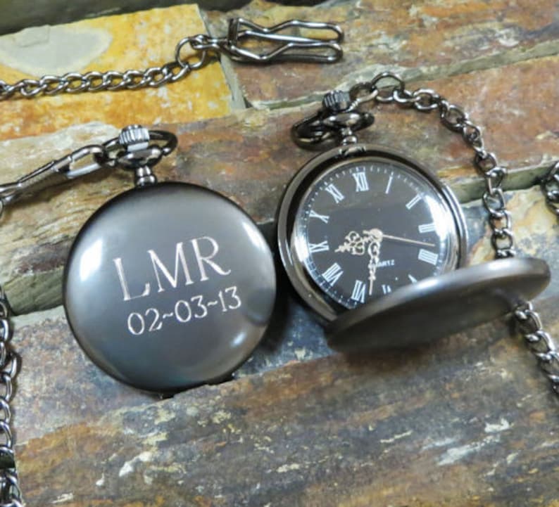 Personalized Gunmetal Pocket Watch Custom with Monogram, Engraved Gifts for Men, Best man, Groomsman, Christmas, Monogrammed 775 zdjęcie 3