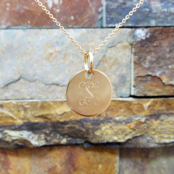 Mini Gold Initial Monogram Necklace 5/8 14K Gold Filled Disc Personalized-  Engraved Monogrammed- Bridesmaids Gift - Graduation- Mothers Day