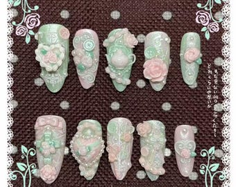 Handmade Rose Tea Party Nails with 3D Charms, Pastel Green & Pink