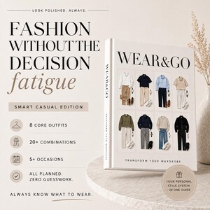 May include: A white book titled WEAR&GO Smart Casual Edition featuring eight core outfits with shirts, trousers, and accessories. The cover displays text including Fashion Without The Decision Fatigue, 8 Core Outfits, 20+ Combinations, 5+ Occasions, and All Planned. Zero Guesswork.