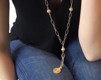 Long gold necklace, Long coin necklace, Long gold pendant, Gold coin necklace, Gold chain necklace, Long  chain necklace