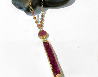 Druzy bar necklace, Druzy agate necklace, Long bar necklace, Long gold necklace, Druzy necklace, Tourmaline necklace, Colorful necklace