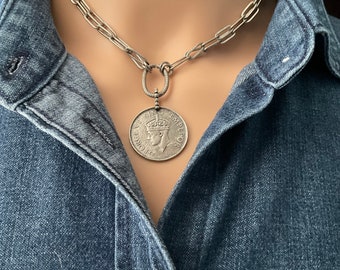 Coin pendant necklace, Silver coin necklace, Silver choker, Coin choker necklace, Silver chain necklace, Silver statement necklace