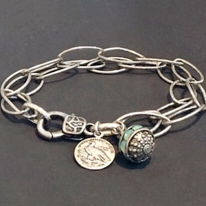 Silver charm bracelet, Oxidized silver, Coin bracelet, Gunmetal bracelet, Coin charm bracelet, Silver link bracelet