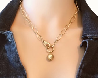 Gold ball necklace, Ball charm, Dainty gold necklace, Gold charm necklace, Matte gold chain,  Hammered  gold, Gold chain necklace, Gold link