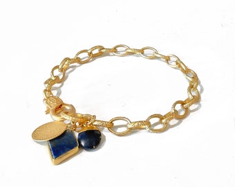 Gold gemstone bracelet, Lapis lazuli bracelet, Blue gemstone bracelet, Lapis bracelet, Gold coin  bracelet, Gold charm bracelet