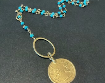 Turquoise bead necklace, Gold coin necklace, Long turquoise necklace,  Y necklace gold, Coin pendant necklace, Vintage coin necklace