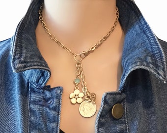 Boho gold necklace, Boho charm necklace, Gold charm necklace, Long boho necklace, Gold boho choker, Long gold necklace, Gold chain necklace