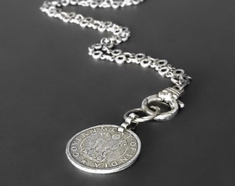 Silver coin necklace, Vintage coin necklace,  Long coin necklace, Long silver necklace, Silver link necklace, Coin jewelry, silver chain