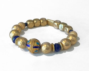 Chunky gold bracelet, Gold bead bracelet, Enamel bead bracelet, Blue gold bracelet, Chunky bracelet women, Chunky bead bracelet