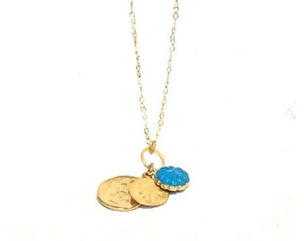 Dainty turquoise necklace, Dainty turquoise pendant, Dainty gold necklace, Turquoise charm necklace, Gold charm necklace, Gold coin necklace