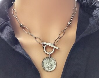 Silver statement necklace, Silver coin necklace, Silver choker, Coin choker necklace, Silver chain necklace, Coin pendant necklace