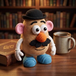 Peut inclure: Une figurine crochetée en forme de pomme de terre au corps beige, portant un chapeau melon noir, des oreilles roses et une moustache noire. Elle possède des yeux blancs à pupilles noires, un nez orange, des bras blancs et des chaussures bleues.