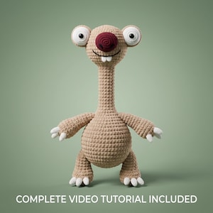 May include: A tan crochet plush toy featuring a long neck, a dark red nose, two white teeth, and large round eyes. The creature has white claws on its hands and feet. The text at the bottom reads: COMPLETE VIDEO TUTORIAL INCLUDED.