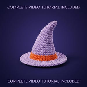 May include: A crocheted pointed hat featuring a light purple cone and brim with a bright orange band around the base. The text COMPLETE VIDEO TUTORIAL INCLUDED is printed in white at the top and bottom of the image against a dark purple background.