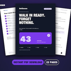 Peut inclure: Un document numérique intitulé BeChosen avec un fond sombre et du texte blanc indiquant Walk In Ready. Forget Nothing. Il comprend un graphique rectangulaire violet avec le nombre 43 et le texte Prep Steps. Le document compte 22 pages.