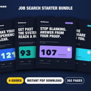 May include: A Job Search Starter Bundle featuring four dark-themed digital guides with white text. The covers display the BeChosen logo, titles like Make Your Experience Clear, and colourful rectangular accents with numbers 121, 93, 107, and icons.