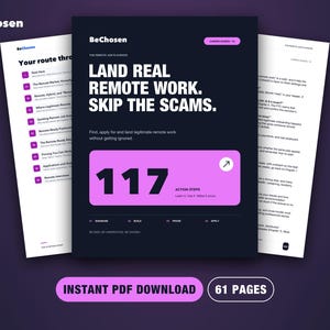 Op de afbeelding: Een digitale gids getiteld BeChosen: The Remote Job Playbook, met een donkere omslag en witte tekst Land Real Remote Work. Skip The Scams. Een groot roze rechthoek toont het getal 117 en de tekst Action Steps. Bevat 61 pagina's.