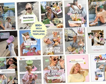 Könnte beinhalten: Eine Sammlung von über 800 Instagram-Vorlagen mit verschiedenen Lifestyle-Fotos, darunter Bilder von Personen mit Getränken, Kopfhörern und Texteinblendungen wie Work Notes, A day in my life und Behind the scenes in einem Raster.