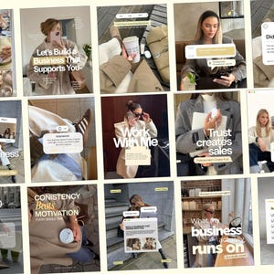 Puede incluir: Una colección de quince plantillas para publicaciones en redes sociales con fotografía de estilo de vida, ropa en tonos neutros y superposiciones de texto sobre negocios como Let's Build a Business That Supports You, Trust Creates Sales y Consistency Beats Motivation.