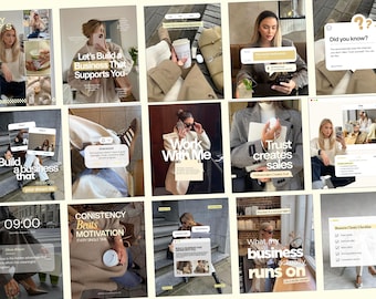 Op de afbeelding: Een verzameling van vijftien social media post-sjablonen met lifestyle-fotografie, kleding in neutrale tinten en zakelijke tekstoverlays zoals Let's Build a Business That Supports You, Trust Creates Sales en Consistency Beats Motivation.