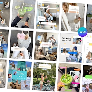 May include: A digital collage of multiple lifestyle photographs featuring people in various settings, including beaches, cafes, and travel scenes, overlaid with graphic elements like text boxes, social media interface icons, and stickers.