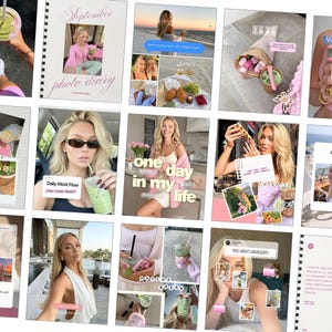 Op de afbeelding: Een digitale fotocollage met meerdere snapshots van een persoon met blond haar, inclusief scènes van het drinken van matcha, eten en buitenactiviteiten. De lay-out bevat diverse tekstoverlays, grafische elementen en kaders.