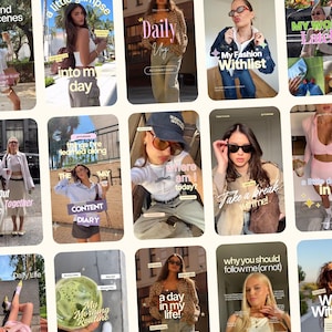 May include: A collage of fifteen vertical social media story frames featuring various outfits, including blazers, denim jackets, activewear, and casual tops, with overlaid text elements and lifestyle photography.