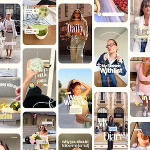 May include: A collage of social media story frames featuring various lifestyle scenes, including people in white blazers, pink athletic sets, denim jackets, and matcha drinks, with overlaid text such as Girls Day Out Together and My Fashion Withlist.