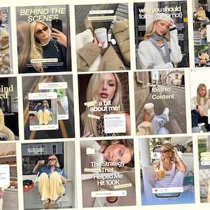 May include: A collage of social media posts featuring a blonde individual in various settings, including street scenes, cafes, and home environments. The images include text overlays such as Behind the Scenes, Life Behind the Feed, and My name is Olivia.