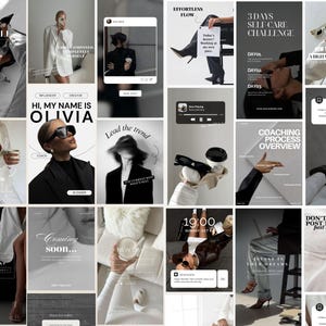 May include: A digital collage of social media templates featuring a monochromatic aesthetic with black, white, and gray tones. The grid displays various lifestyle imagery, including fashion photography, coffee cups, text overlays, and interface elements.