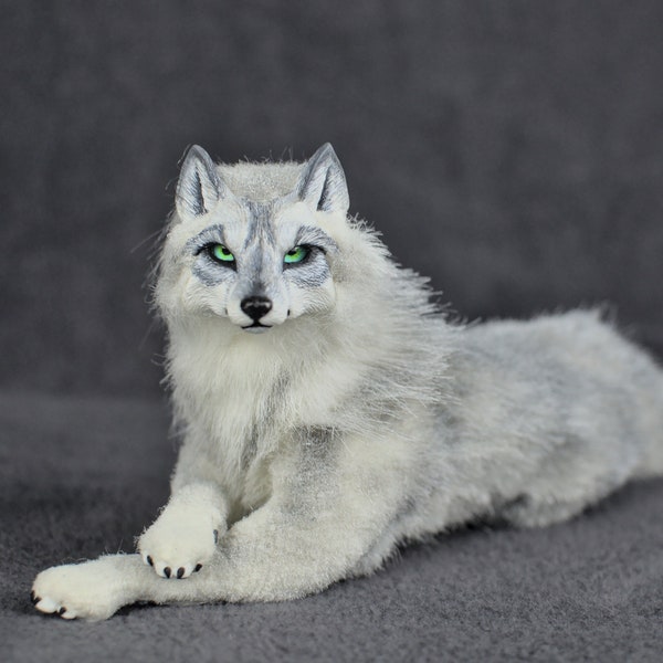 Gray Wolf with green eyes, realistic poseable art doll with flexible body, one-sixth scales action figurine OOAK