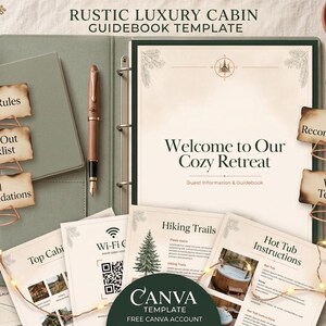 Rustic Cottage Welcome Kit Template for Canva | Aesthetic Cabin Host Guide, AirBnB Guest Book, House Rules & Local Amenities Bundle